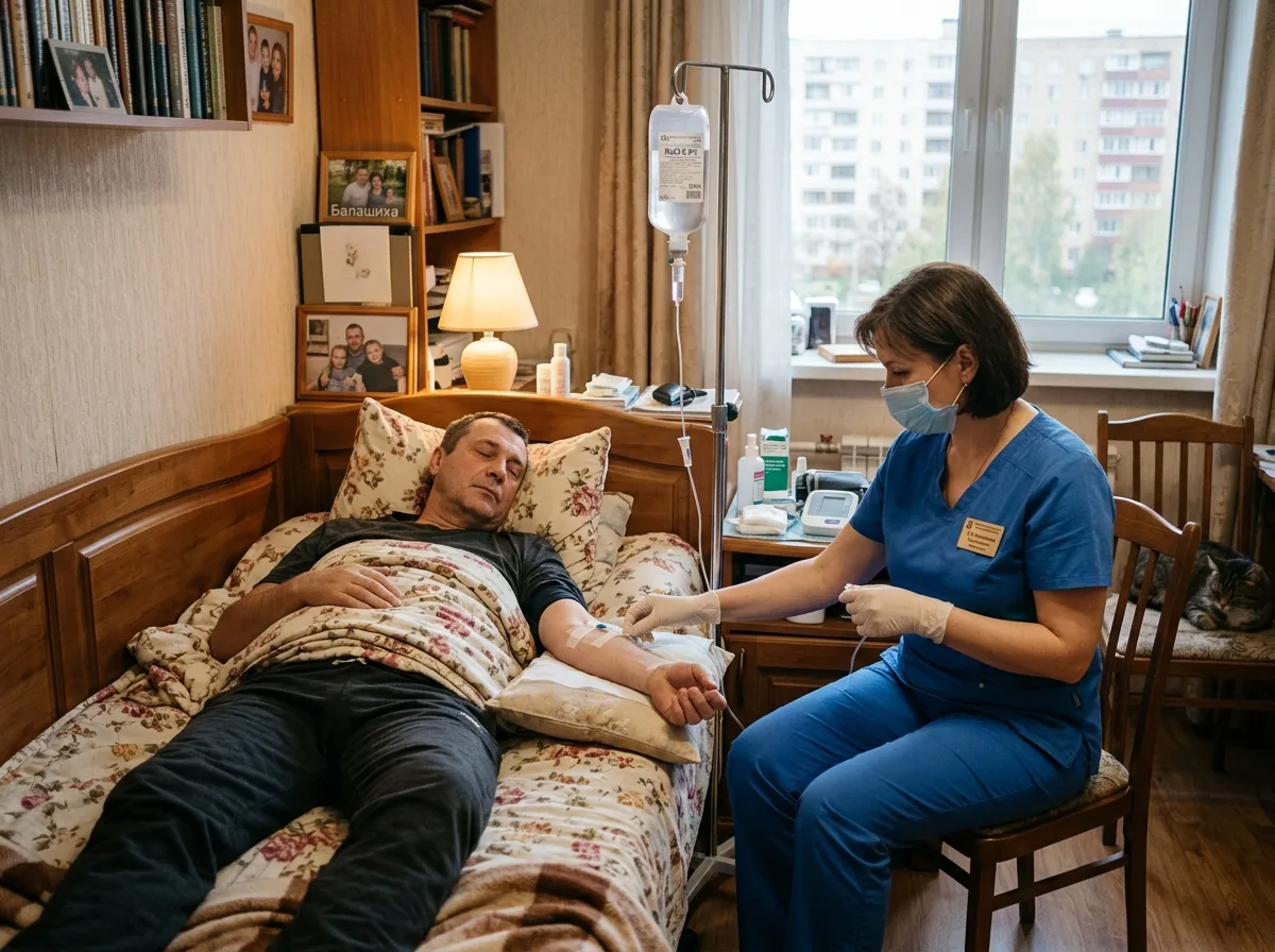 Врач-нарколог ставит капельницу пациенту на дому в Балашихе — постельный режим, медицинская система, уютная домашняя обстановка
