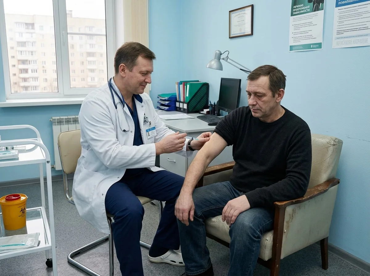 Кодирование от алкоголизма в наркологической клинике Балашихи — врач проводит процедуру кодирования пациенту, медицинский кабинет, спокойная атмосфера