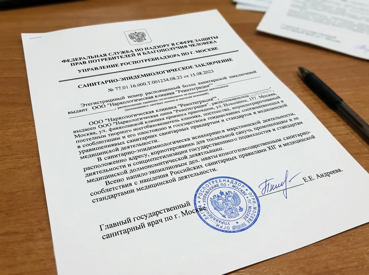 Санитарно-эпидемиологическое заключение наркологической клиники — официальный документ Роспотребнадзора с синей печатью и подписью главного санитарного врача