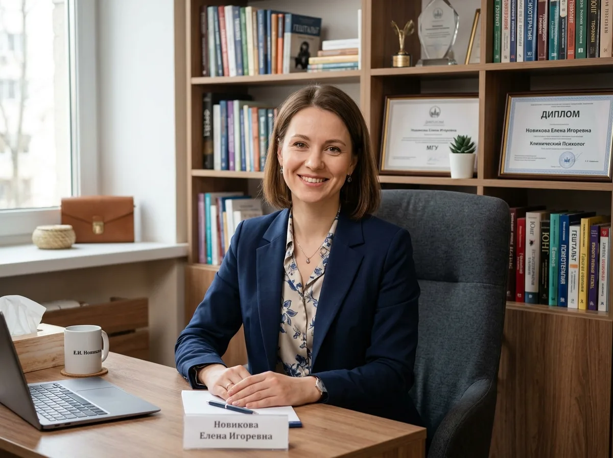 Клинический психолог Новикова Елена Игоревна — портрет женщины 35 лет с тёплой улыбкой, деловой стиль, психологический кабинет с книгами на заднем плане